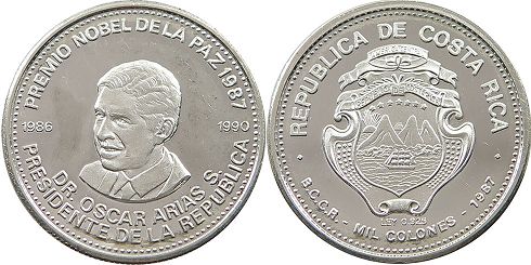 moneda Costa Rica 1000 colones 1987 Presidente Arias