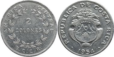 moneda Costa Rica 2 colones 1954