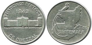 moneda Guatemala 25 centavos 1943