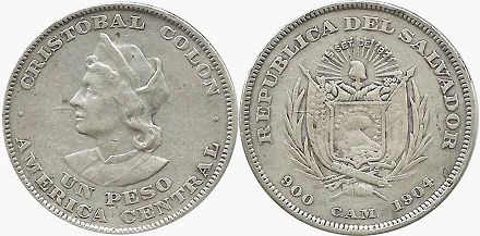 moneda Salvador 1 peso 1904