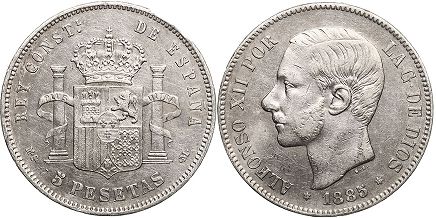 moneda España 5 pesetas 1885