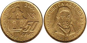 moneda Argentina 50 centavos 2000 Jose de San Martin