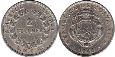 moneda Costa Rica 2 colones 1948