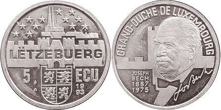 moneda Luxemburgo 5 ecu 1993