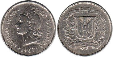 moneda Dominican Republic 1/2 peso 1967