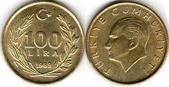 moneda Turkey 100 lira 1989