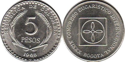moneda de 5 pesos colombianos 1968 Congreso Eucarístico