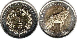 moneda Turquía 1 lira 2014 Hiena rayada