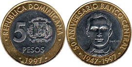 moneda Dominican Republic 5 pesos 1997 Banco Central