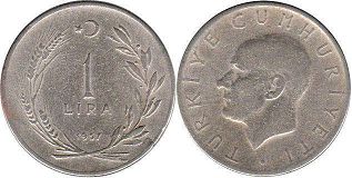 moneda Turkey 1 lira 1957