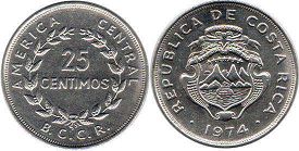 moneda Costa Rica 25 centimos 1974