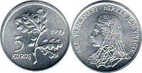 moneda Turquía 5 kurush 1975 FAO