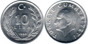 moneda Turkey 10 lira 1988