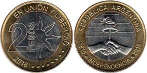 moneda Argentina 2 pesos 2016 Independencia