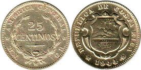 moneda Costa Rica 25 centimos 1944