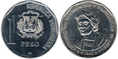 moneda Dominican Republic 1 peso 1992 Cristóbal Colón