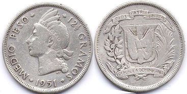 moneda Dominican Republic 1/2 peso 1951