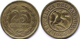 moneda Paraguay 25 centimos 1944