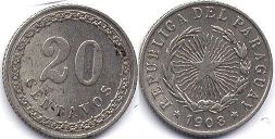 moneda Paraguay 20 centavos 1908