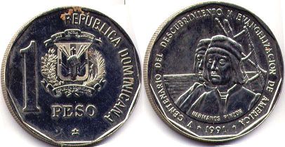 moneda Dominican Republic 1 peso 1991 hermanos Pinzon