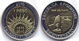 moneda Argentina 1 peso 2010 Mar Del Plata