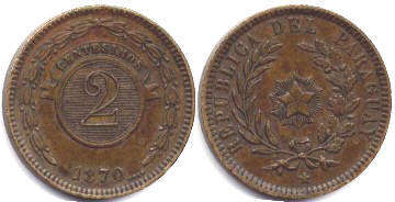 moneda Paraguay 2 centésimos 1870