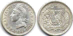 moneda Dominican Republic 25 centavos 1956