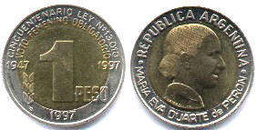 moneda Argentina 1 peso 1997 VOTO FEMENINO OBLIGATORIO