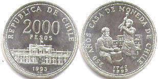 moneda Chille 2000 pesos 1993 Casa de Moneda