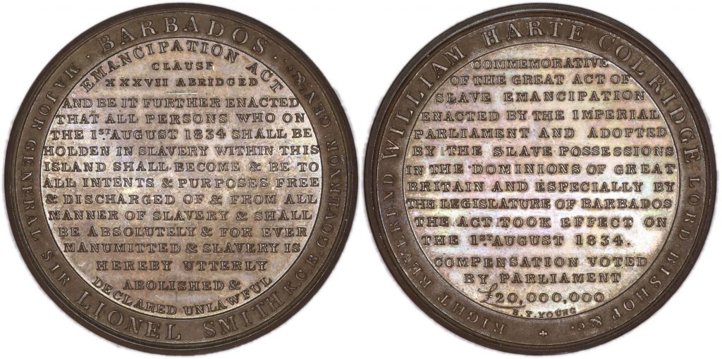 Silver commemorative medal commemorating the entry into force on August 1, 1834 of the law to abolish slavery