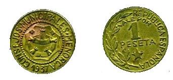 1 peseta de los consejos municipales de Menorca