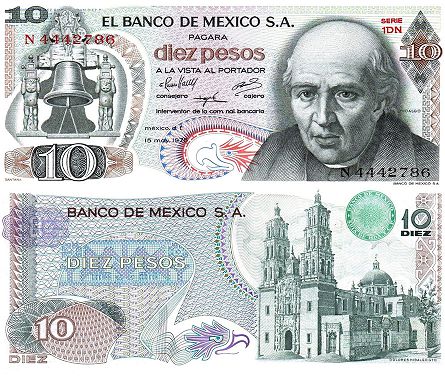 billete de México 10 pesos 1976