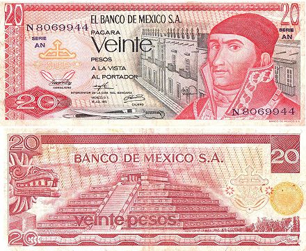 billete de México 20 pesos 1973