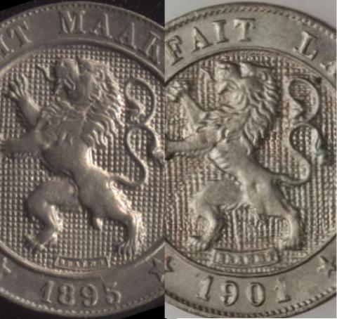 Comparison of stamps Belgium 5 centimes 1895 and 1901