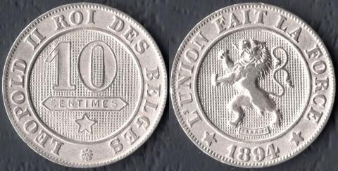 Belgium 10 centimes 1894 DES BELGES