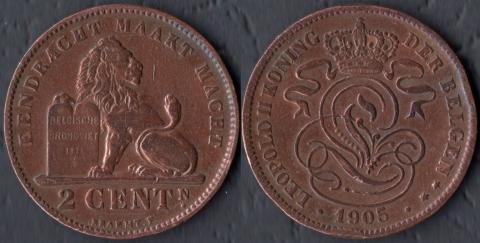 Belgium 2 centimes 1905 DER BELGEN