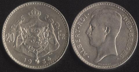 Belgium 20 francs 1934 French