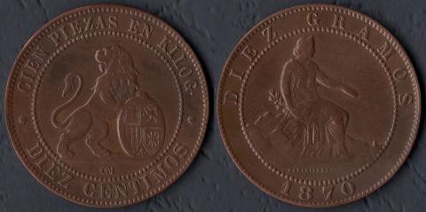 Spain 10 centimo 1870