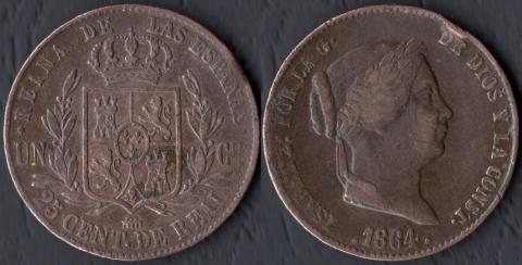 Spain 25 centimo 1864