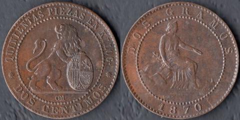 Spain 2 centimo 1870