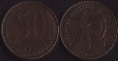 Spain 50 centimo 1937 (square dots
