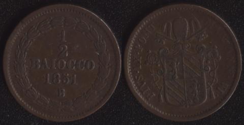 Papal region 1/2 baiocco 1851