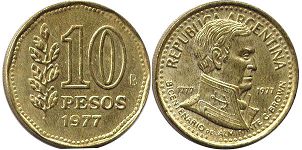Argentina coin 10 pesos 1977 Almirante G.Brown