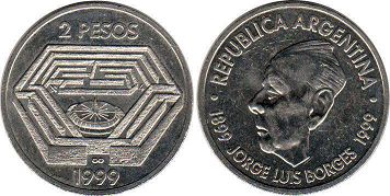 Argentina moneda 2 pesos 1999 Jorge Luis Borges