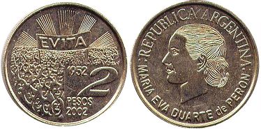 Argentina moneda 2 pesos 2002 EVITA