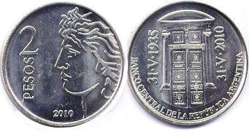 Argentina coin 2 pesos 2010 Banco Central