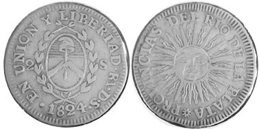 Argentina coin 2 soles 1824