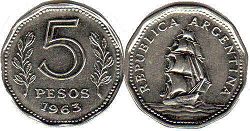 Argentina moneda 5 pesos 1963