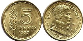 Argentina coin 5 pesos 1977 Almirante G.Brown
