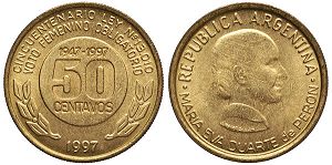 Argentina coin 50 centavos 1997 Ley 13010